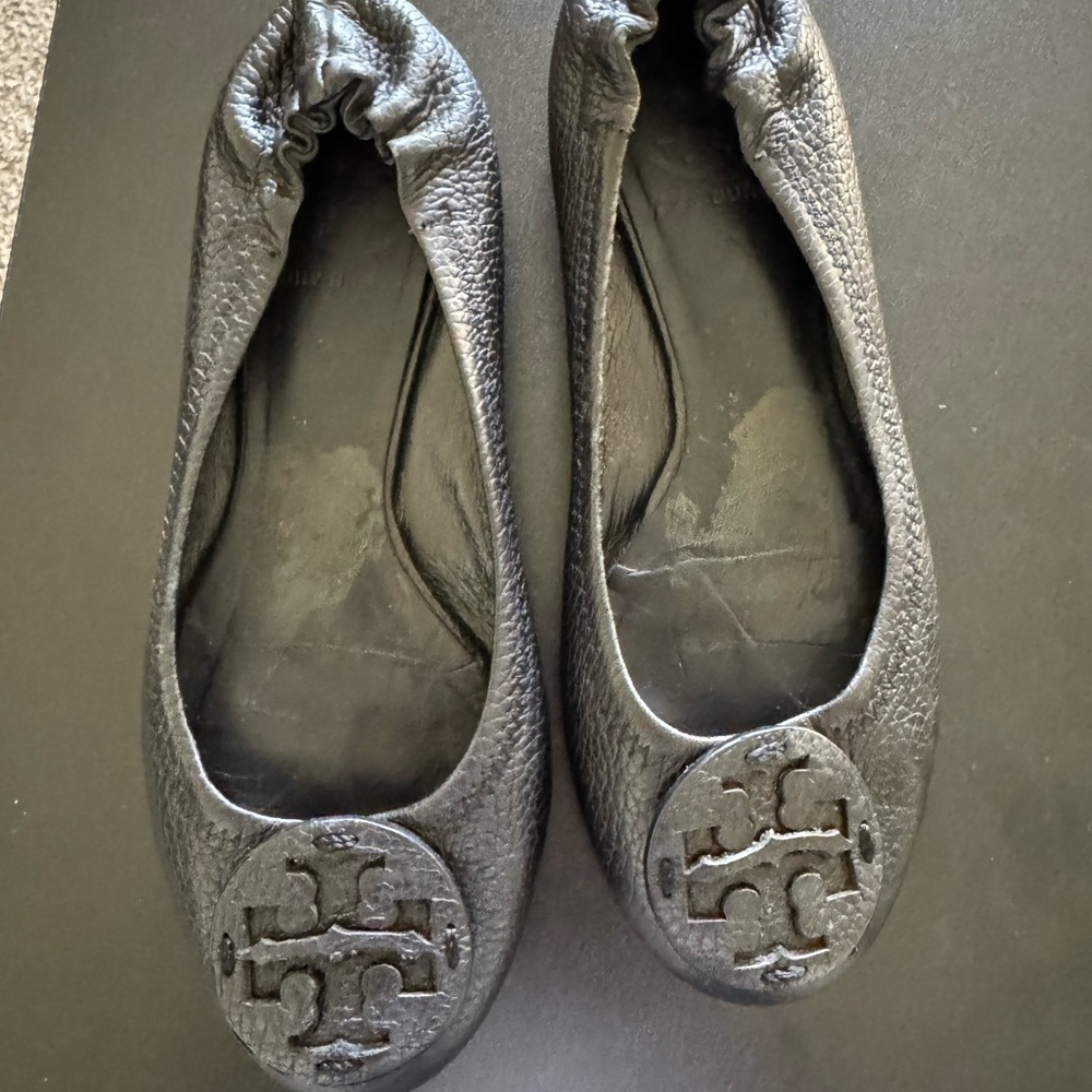 Tory Burch Black Flats with Metal Logo Medallion